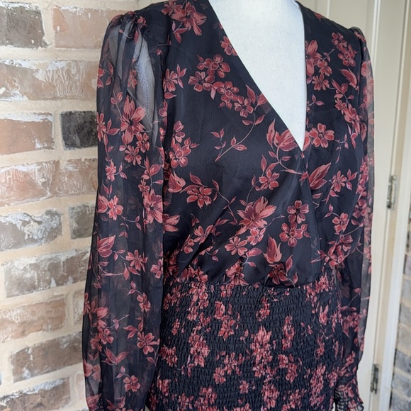 Cupshe Floral Print Long Peasant Sleeve Dress Black & Red Smocked Skirt New - Picture 2 of 12